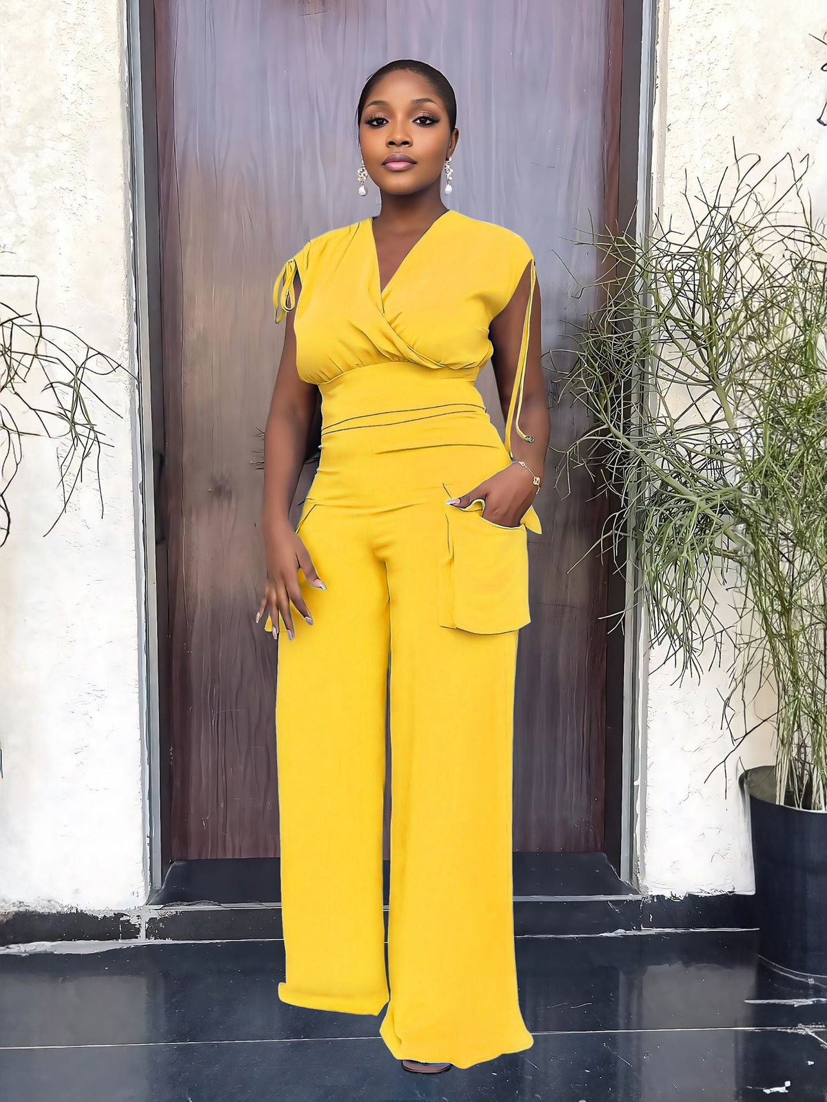 Drawstring Sleeveless Vest High Waist Women Baggy Straight Trousers Two Piece Suit