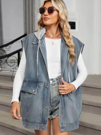 Removable Hood Button Up Cap Sleeve Denim Jacket for Women