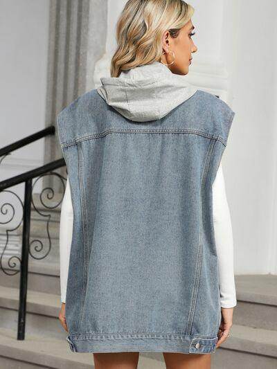 Removable Hood Button Up Cap Sleeve Denim Jacket for Women