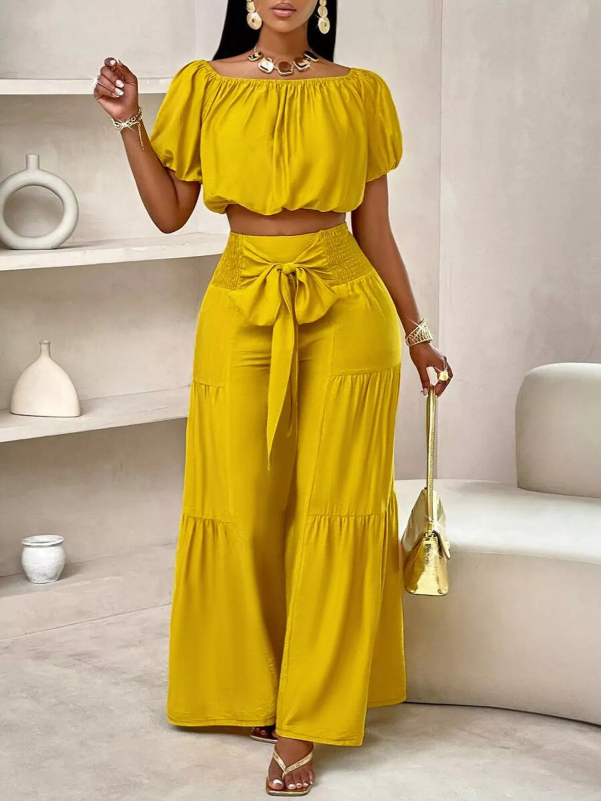 Elegant Off-Shoulder Crop Top and Ruched Wide Leg Pants Set