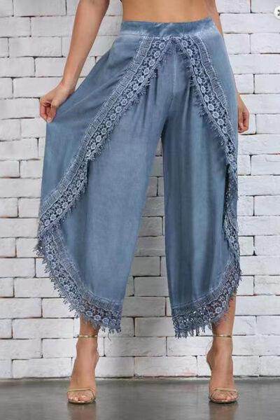 Full Size Lace Detail Wide Leg Pants Plus Size Fashion