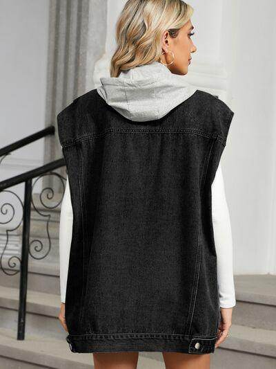 Removable Hood Button Up Cap Sleeve Denim Jacket for Women