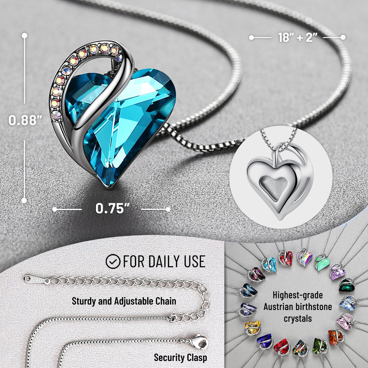 Infinity Love Birthstone Heart Necklace - 18K White Gold Plated Crystal Pendant Gift for Women