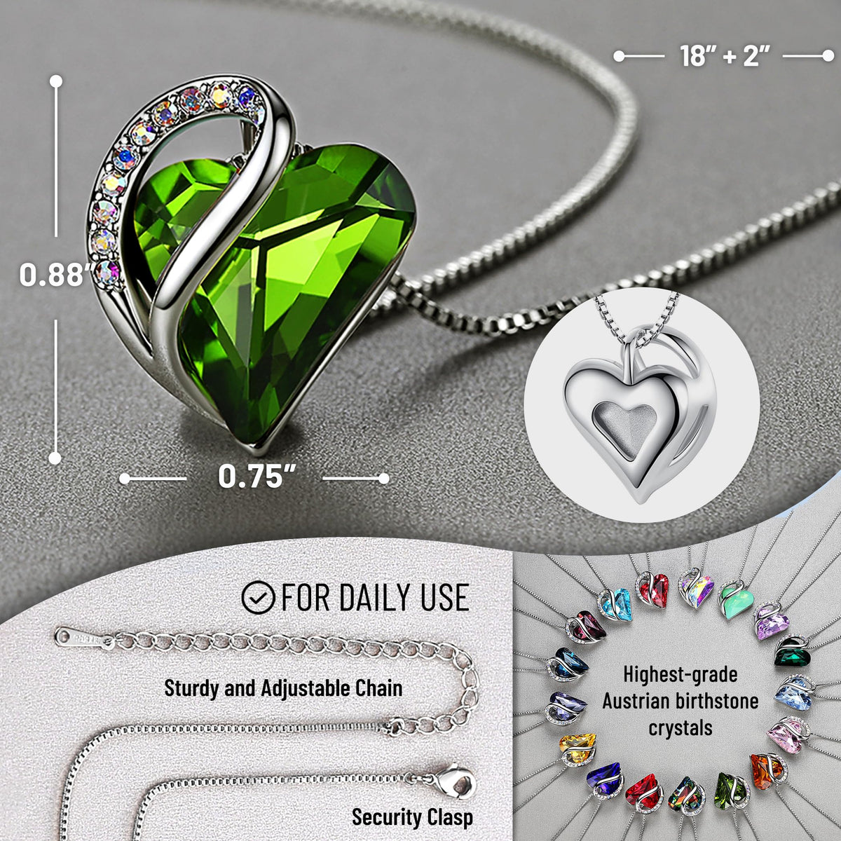 Infinity Love Birthstone Heart Necklace - 18K White Gold Plated Crystal Pendant Gift for Women