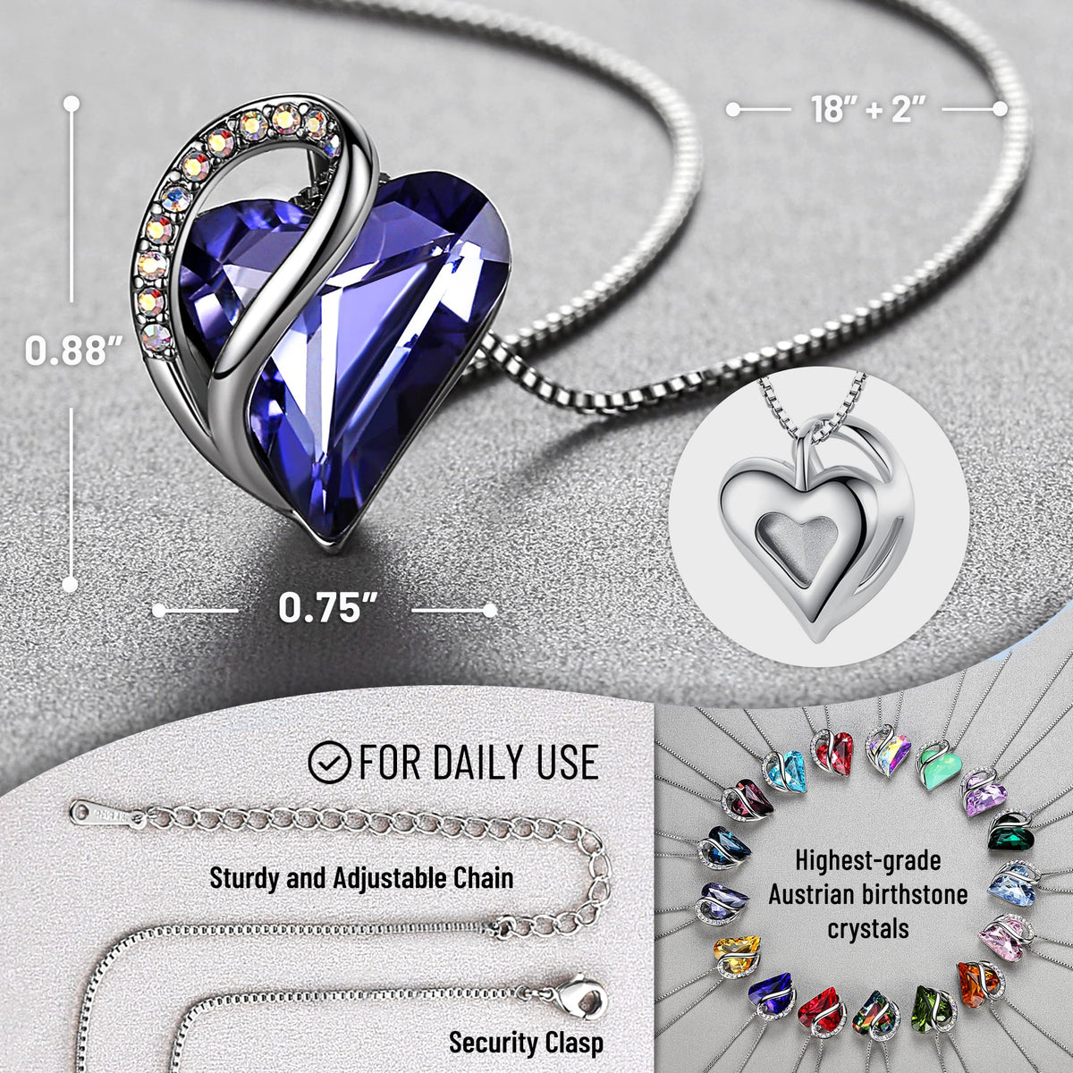 Infinity Love Birthstone Heart Necklace - 18K White Gold Plated Crystal Pendant Gift for Women