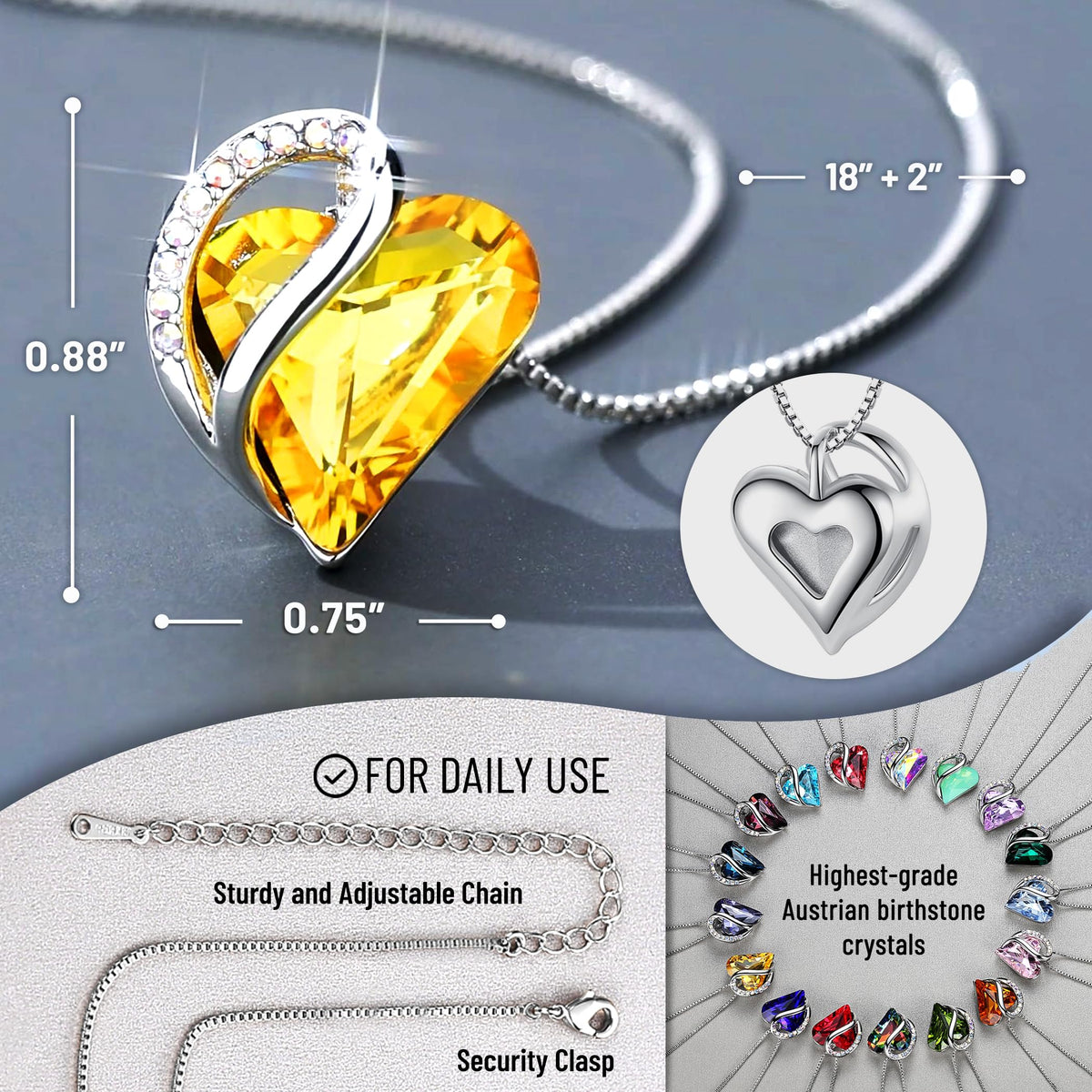 Infinity Love Birthstone Heart Necklace - 18K White Gold Plated Crystal Pendant Gift for Women