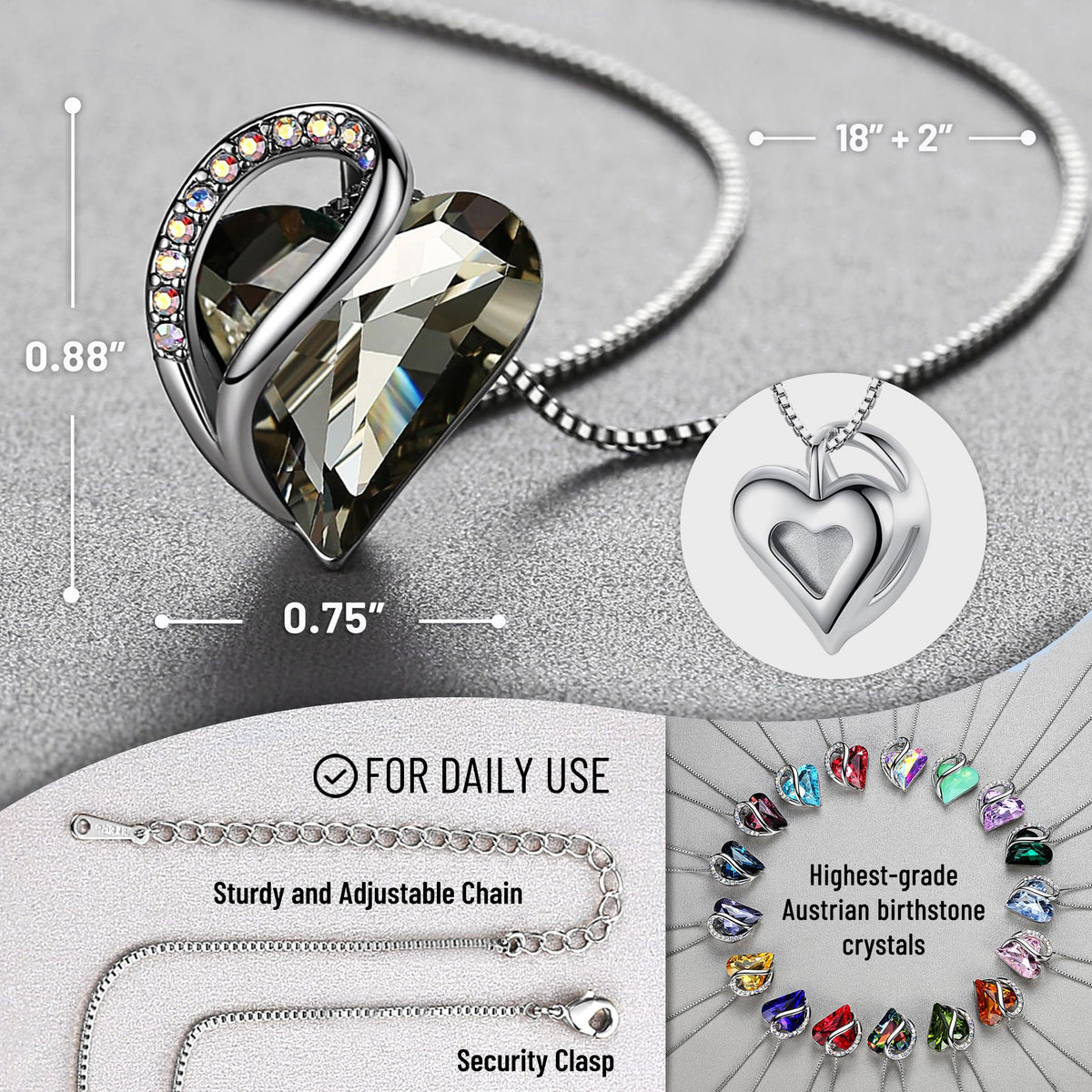 Infinity Love Birthstone Heart Necklace - 18K White Gold Plated Crystal Pendant Gift for Women