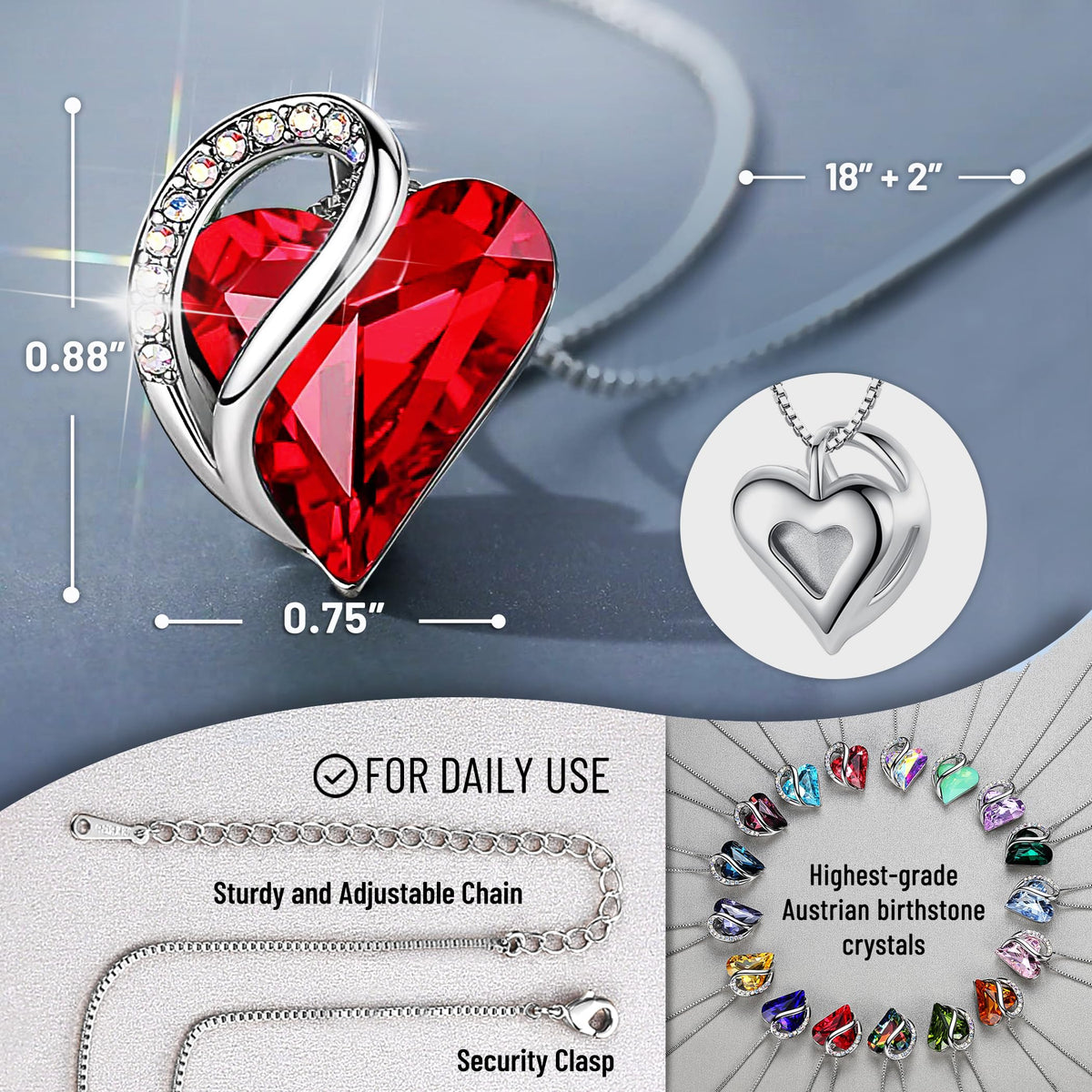 Infinity Love Birthstone Heart Necklace - 18K White Gold Plated Crystal Pendant Gift for Women