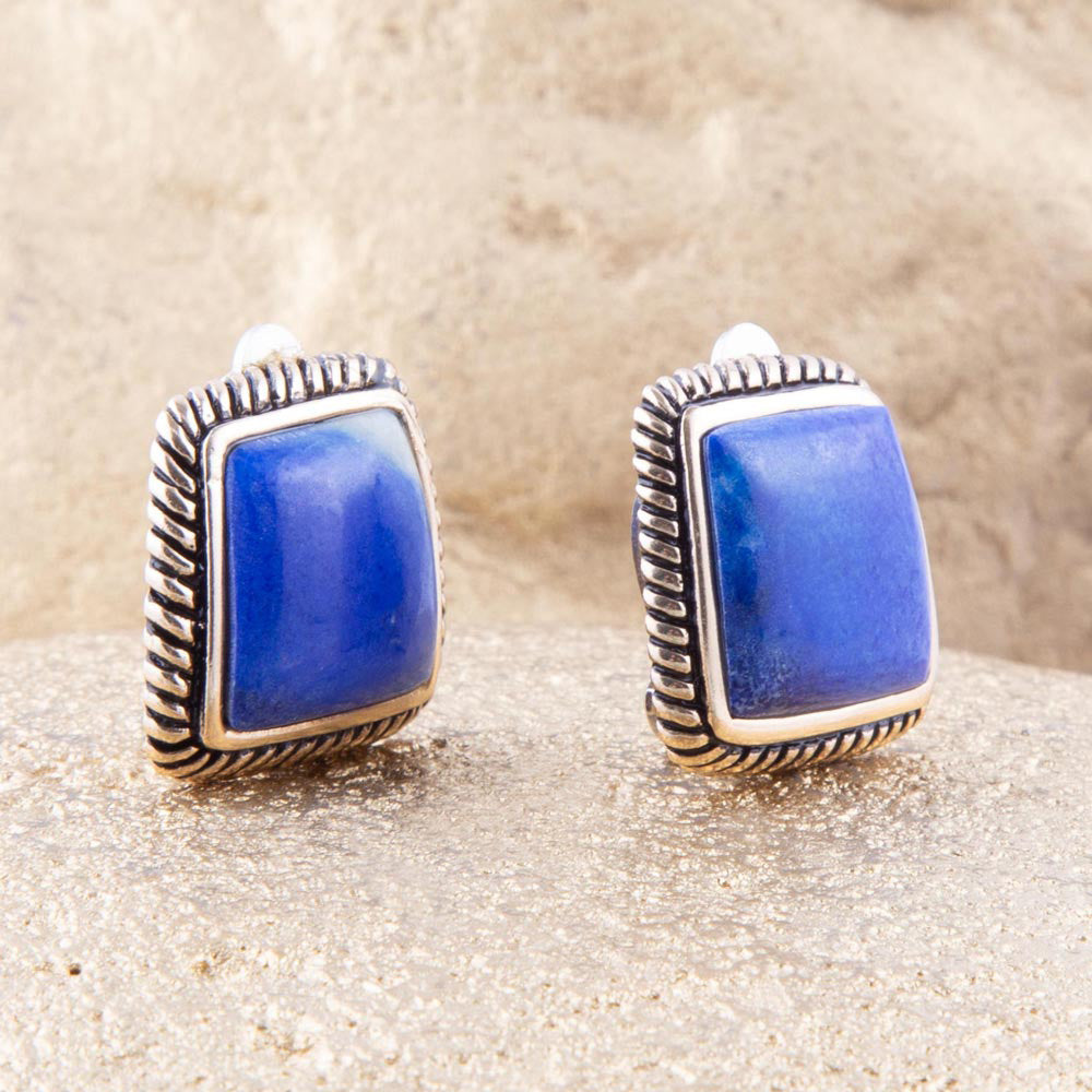 Roped Blue Lapis Golden Clip Earrings
