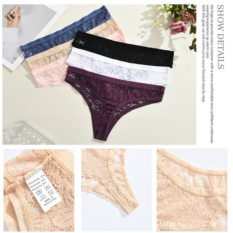 3Pcs/Set Women Sexy Lace Panties Lingerie Floral Sexy Low Waist Deep Color Thongs Ladies Underwear Fashion Soft Underpants S-XL