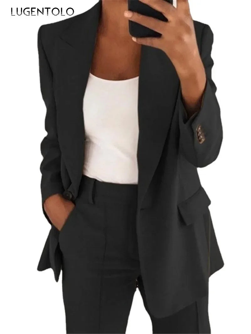 Women Suits 2 Pieces Set Fashion Lapels Single-button Coat Straight Leg Slim Pants Elegant Commuter Casuals Outfit Available 5XL