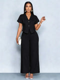 Summer Elegant 2 Piece Suit For Women V Neck Short Sleeve Blouse Top High Waist Wide Leg Pants Set Casual Business Office Outfit
