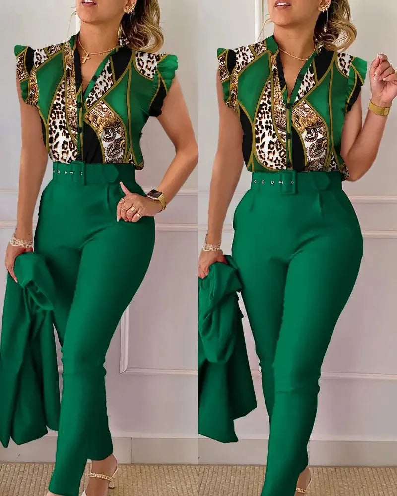 Elegant Women Two Piece Set Suits New Fashion Printed Ruffle Sleeve Top Solid Color Pants Set With Belt  Blouses Female Clothing