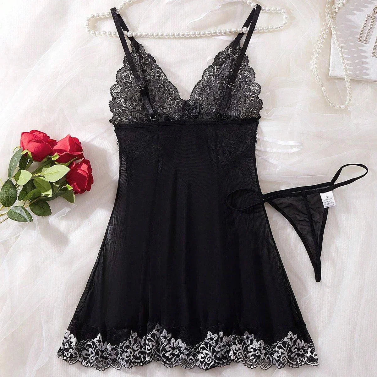 Transparent Black Sexy Lingerie Women Underwear See Through Sleepwear Lace Nightdress And Thongs Pijamas Sets Female Sexy Nighty