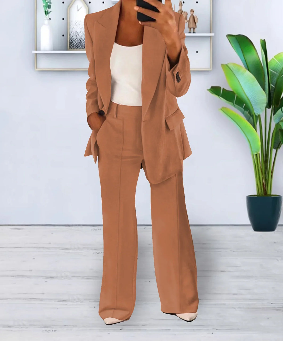 Women Suits 2 Pieces Set Fashion Lapels Single-button Coat Straight Leg Slim Pants Elegant Commuter Casuals Outfit Available 5XL
