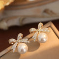 1par Micro Set Zircon Bow Pearl Pendant Earrings 2025 New Design Jewelry For Womens and Girls Fashion Ear Accessories