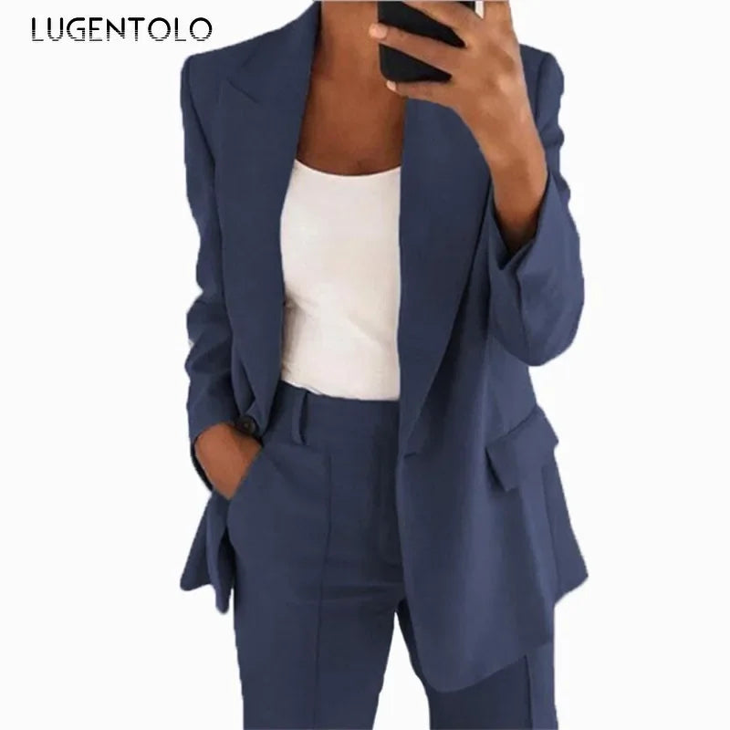 Women Suits 2 Pieces Set Fashion Lapels Single-button Coat Straight Leg Slim Pants Elegant Commuter Casuals Outfit Available 5XL