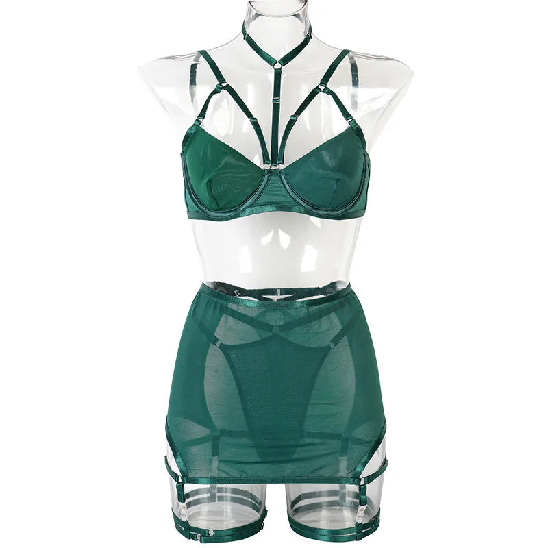 Toucheart Trendy Lingerie 4 Pieces Set Exotic Sexy Bra Eroctic Garter Underwear Set Women's Mesh See-through Luxury Underwear