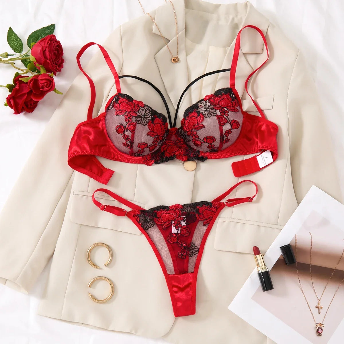 Two-piece embroidered bra set - Women's floral embroidered lingerie set - Black and red underwear set ZA825127