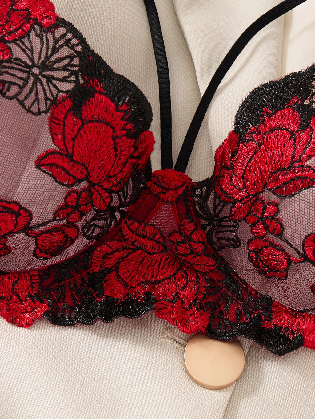 Two-piece embroidered bra set - Women's floral embroidered lingerie set - Black and red underwear set ZA825127