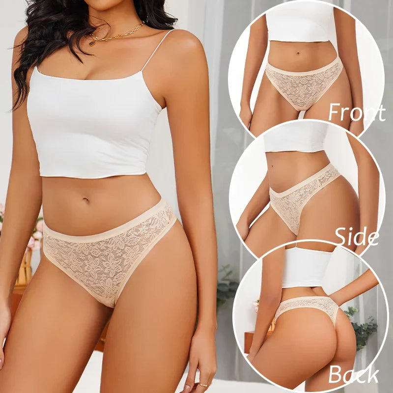 3Pcs/Set Women Sexy Lace Panties Lingerie Floral Sexy Low Waist Deep Color Thongs Ladies Underwear Fashion Soft Underpants S-XL