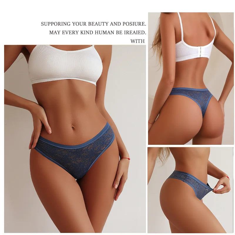 3Pcs/Set Women Sexy Lace Panties Lingerie Floral Sexy Low Waist Deep Color Thongs Ladies Underwear Fashion Soft Underpants S-XL