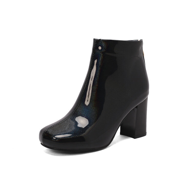 Solid Color Patent Leather High Heel Ankle Boots