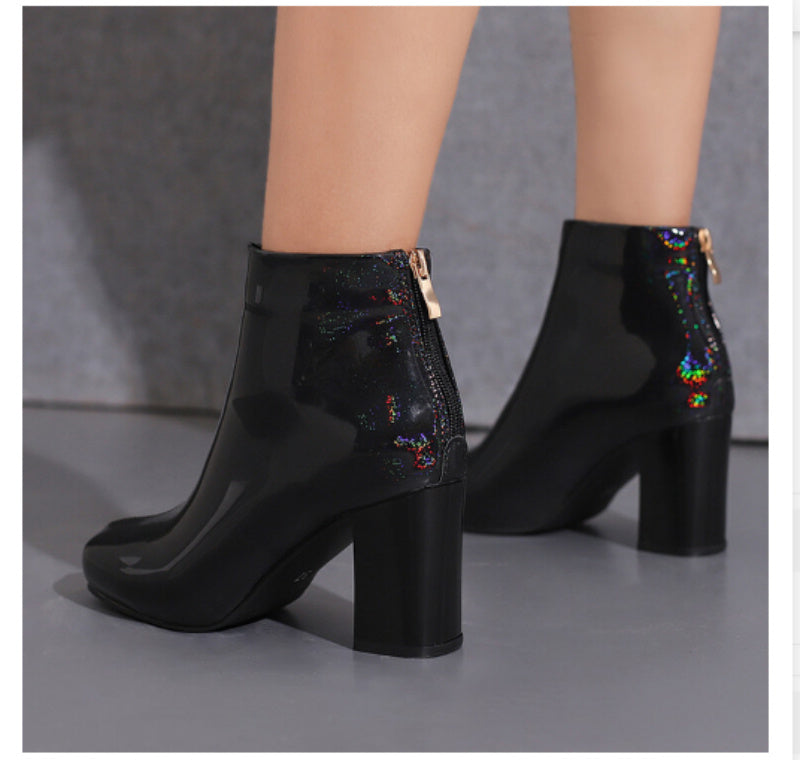Solid Color Patent Leather High Heel Ankle Boots
