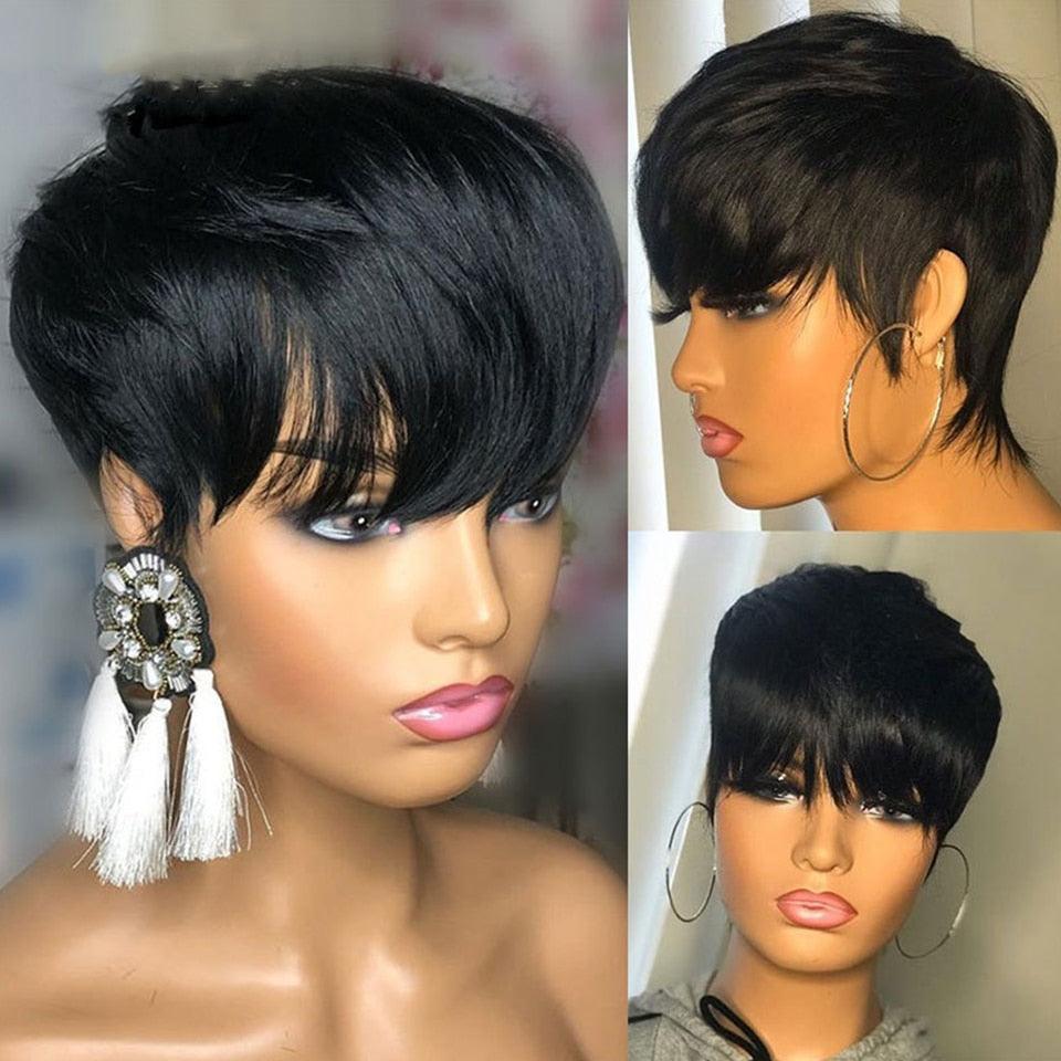 Trending Natural Color Short Bob Straight Human Wigs With Bangs Brazilian Virgin Hair Pixie Cut Wig Human Hair Wig For Black Women Gifts for Girlfriends