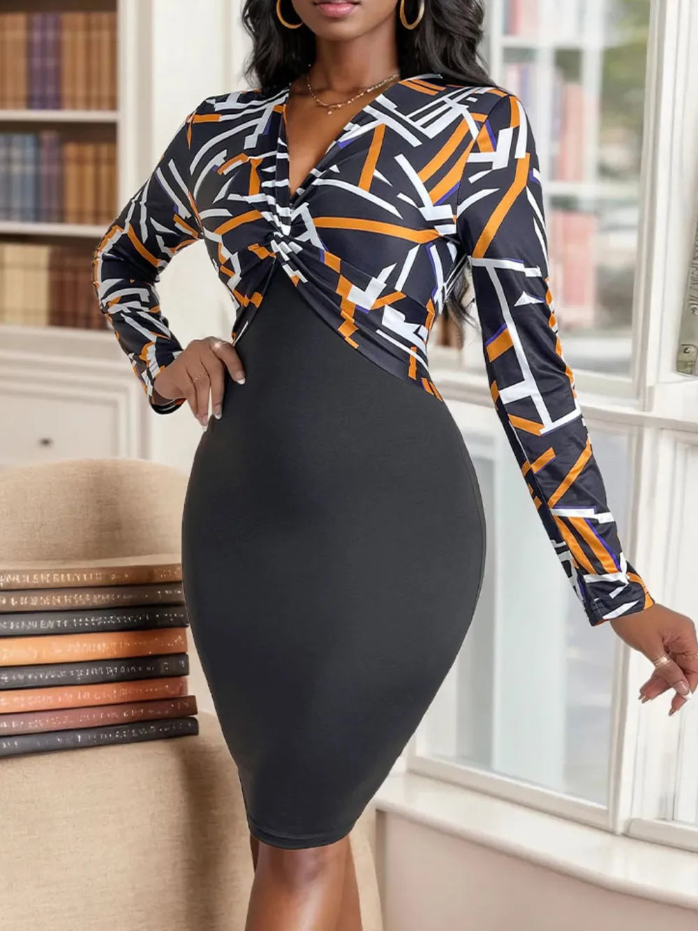 V-neck high waist slim fit hip hugging skirt geometric long sleeved women's dress